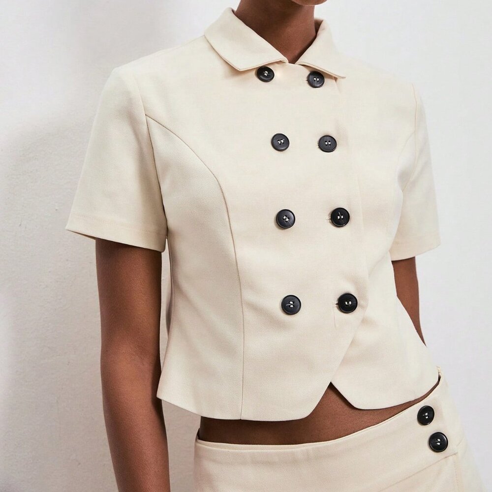 Khaki Casual Women's Short Sleeve Double-Breasted /Work Blazer - Picture 1 of 7